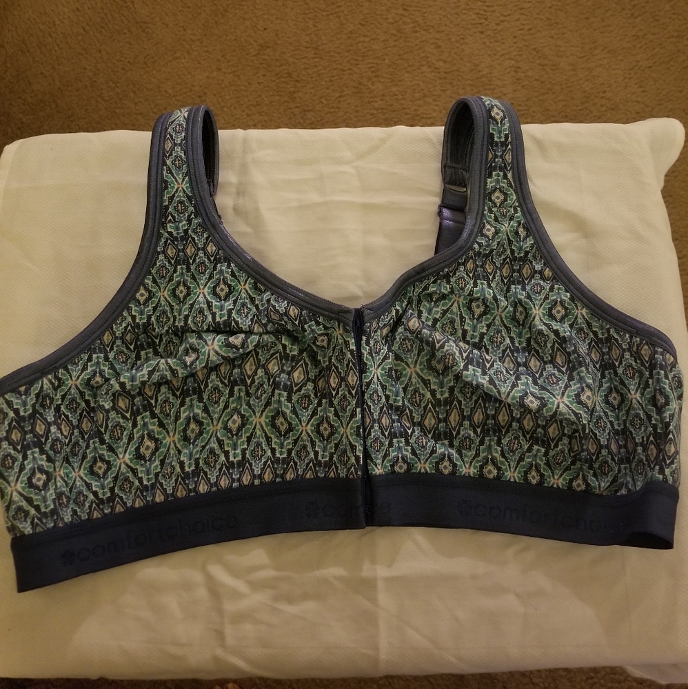 Woman Within Blue Patterned Front-Zip Comfort Choice Sports Bra
